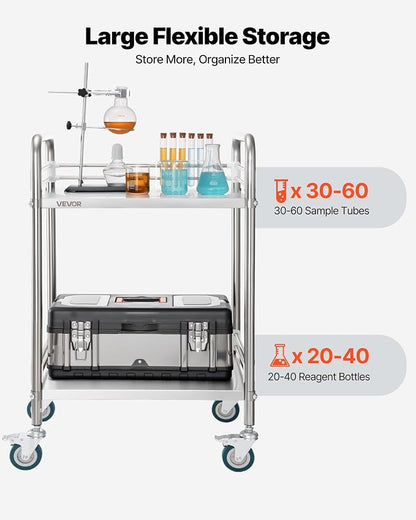 VEVOR Stainless Steel Rolling Cart, 2-Tier Metal Utility Cart with Lockable Wheels, Medical Serving Trolley Clinic Tray, Mobile Service Cart for Hospital, Lab, Restaurant, Kitchen, Salon