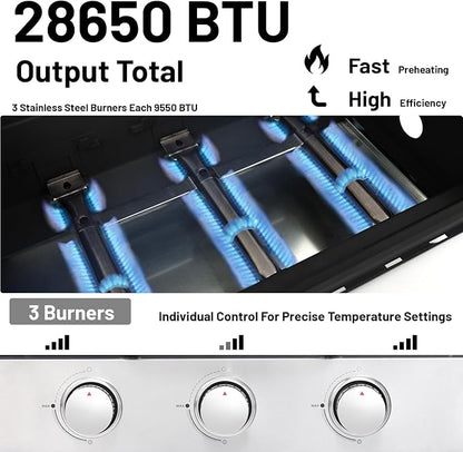 26 inch Tabletop Griddle with Ceramic Coated Cast Iron Plate, 3 Burners Flat Top pan, 28650 BTU Portable Propane Gas BBQ Grill Teppanyaki for Kitchen Outdoor Cooking Barbecue Camping (Griddle)