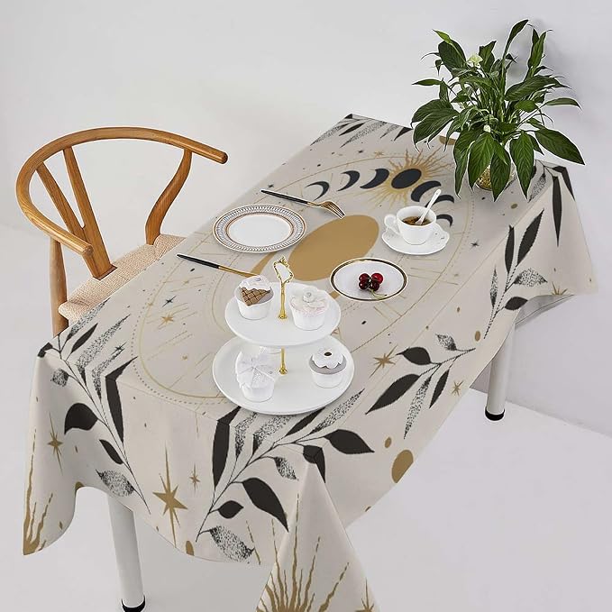 Vintage Boho Sun Moon Tablecloth Moon Phase Star Galaxy Space Wildflower Table Cloth Water Resistant Wipeable Table Cover for Farmhouse Picnic Party Holiday Kitchen Dinner Table 60"x110"