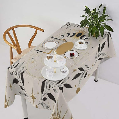 Vintage Boho Sun Moon Tablecloth Moon Phase Star Galaxy Space Wildflower Table Cloth Water Resistant Wipeable Table Cover for Farmhouse Picnic Party Holiday Kitchen Dinner Table 60"x110"
