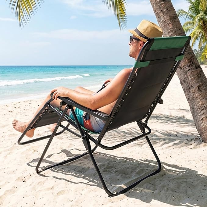 NEWBULIG Padded Zero Gravity Chair, Folding Lounge Chair Outdoor, Green | Foldable Beach Camping Recliner Chair with Adjustable Pillow and Trays for Poolside Lawn Patio