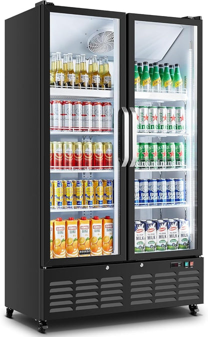 BODEGACOOLER Commercial Merchandiser Refrigerator, 27.02 Cu.Ft Double Glass Door Beverage Cooler, Upright Display Refrigerator with Soft LED Light, Adjustable Shelves, 4 Heavy-Duty Casters, Black
