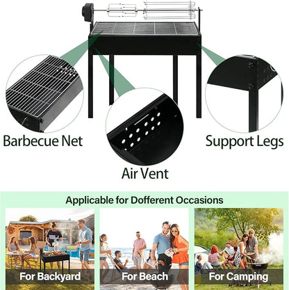 ptlsy Rotating Barbecue Charcoal Grill with Rotisserie Meat Forks & 6-Piece Skewer Set for Outdoor Cooking Camping Hiking Picnics Tailgating Backpacking or Any Outdoor Event