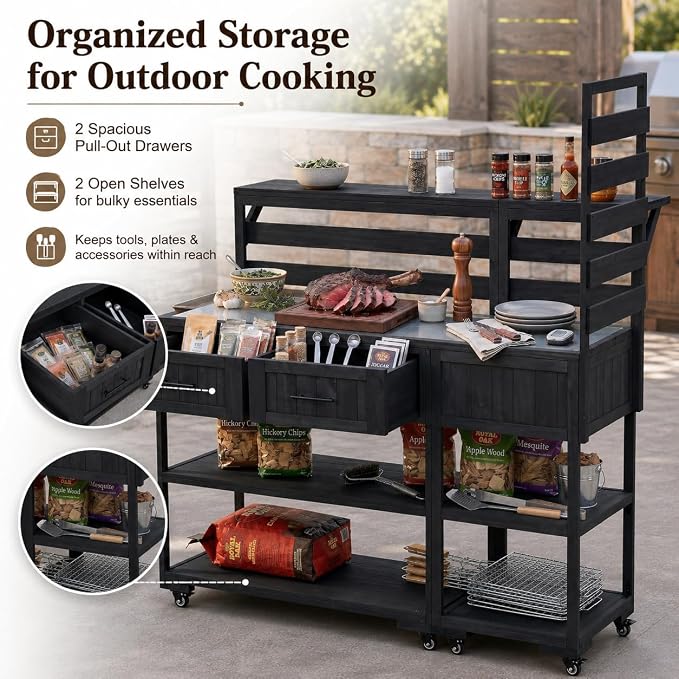Outdoor Kitchen Cart with Stainless Steel Top, 62.3 Inch | Fir wood frame, stainless surface, raised shelf, fixed shelf, 2 lockable wheels, split-use design, BBQ prep, patio garden use