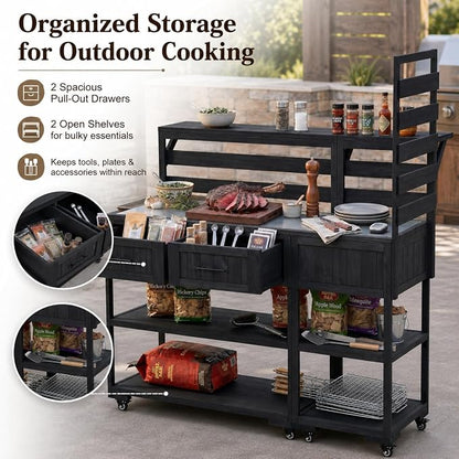 Outdoor Kitchen Cart with Stainless Steel Top, 62.3 Inch | Fir wood frame, stainless surface, raised shelf, fixed shelf, 2 lockable wheels, split-use design, BBQ prep, patio garden use