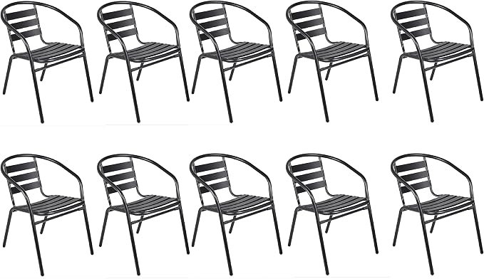 Indoor Outdoor Set of 10 Black Restaurant Metal Aluminum Slat Stack Chairs Lightweight