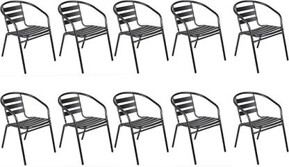 Indoor Outdoor Set of 10 Black Restaurant Metal Aluminum Slat Stack Chairs Lightweight