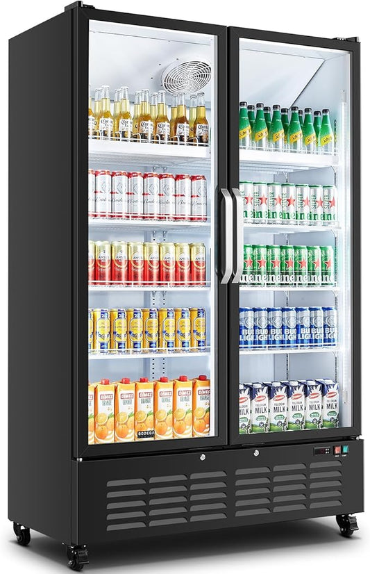 BODEGACOOLER Commercial Merchandiser Refrigerator, 36.8 Cu.Ft Double Glass Door Beverage Cooler, Upright Display Refrigerator with Soft LED Light, Adjustable Shelves, 4 Heavy-Duty Casters, Black