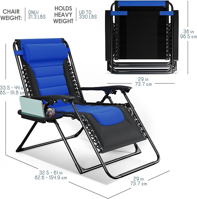 Nestl Padded Oversized Zero Gravity Chair, XL Outdoor Lounge Chair Set of 2 | Adjustable Headrest, Cup Holder & Side Tray, Support 330 LBS, Anti Gravity Reclining, For Patio, Camping & Beach, Black/Blue