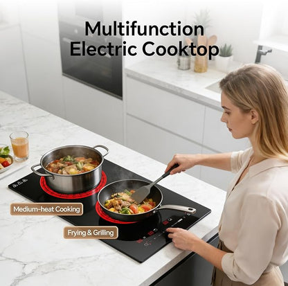 Ranein 12 Inch 2 Burner Electric Cooktop, Max 3000W 240V Ceramic Panel Built-in Electric Stove Top, with Child Safety Lock, Timer, Over-Temperature Protection