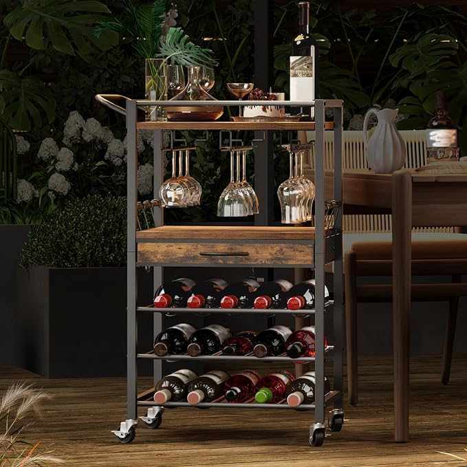 3-Tier Bar Cart with Drawer, Home Bar Serving Cart with Glass Holder and Handle, Rolling Mini Liquor Bar for Wine Beverage Dinner Party, Drink Cart for Home Kitchen Bars, Rustic Brown 8001TCBF