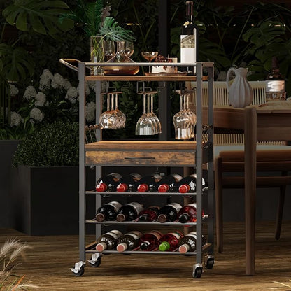 3-Tier Bar Cart with Drawer, Home Bar Serving Cart with Glass Holder and Handle, Rolling Mini Liquor Bar for Wine Beverage Dinner Party, Drink Cart for Home Kitchen Bars, Rustic Brown 8001TCBF