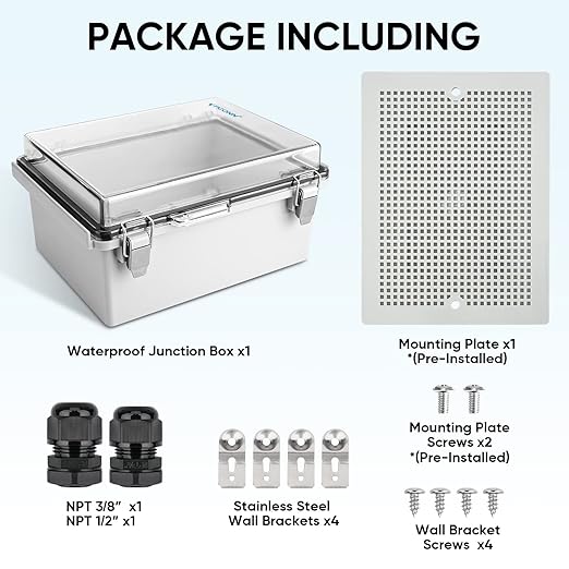 TICONN 2PK Outdoor Electrical Box Waterproof, Junction Box IP67 ABS Plastic Enclosure with Hinged Cover with Mounting Plate, Wall Brackets, Cable Glands (Clear, 8.7"X6.7"X4.3")