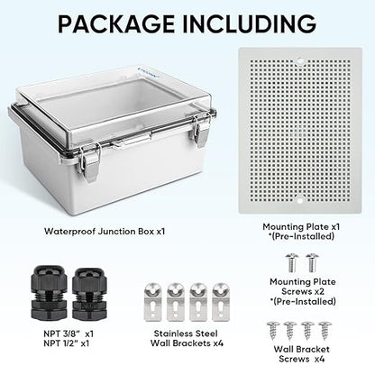 TICONN 2PK Outdoor Electrical Box Waterproof, Junction Box IP67 ABS Plastic Enclosure with Hinged Cover with Mounting Plate, Wall Brackets, Cable Glands (Clear, 8.7"X6.7"X4.3")
