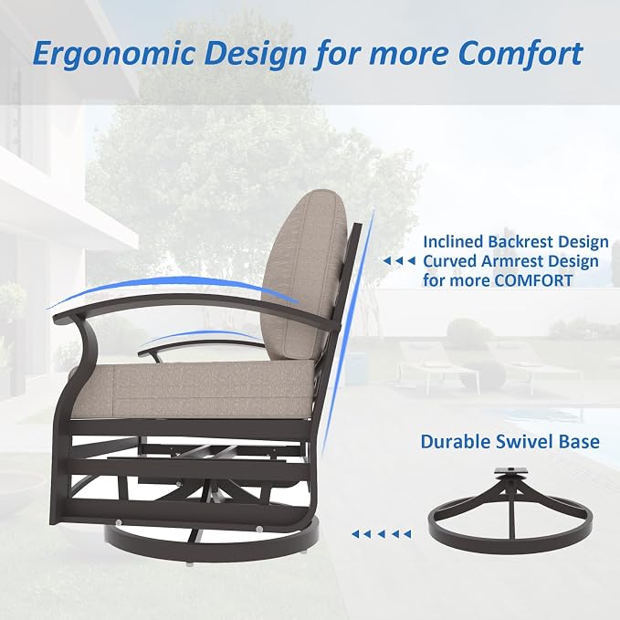 ALAULM 5 Piece Aluminum Outdoor Swivel Chairs High Back Metal Swivel Rocking Chairs with 5.1" Sponge Cushions, 2 Ottmans and 1 Coffee Table for Patio, Porch, Backyards, GardenSand