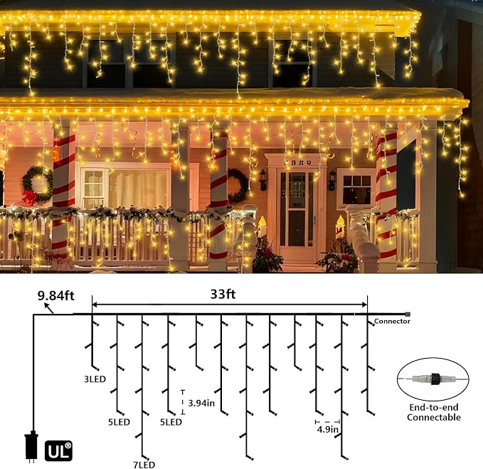 QITONG Warm White Icicle Lights for Outside, 33ft 400 LED String Lights Indoor with 8 Modes, Clear Wire Connectable Icicle Christmas Light Plug in