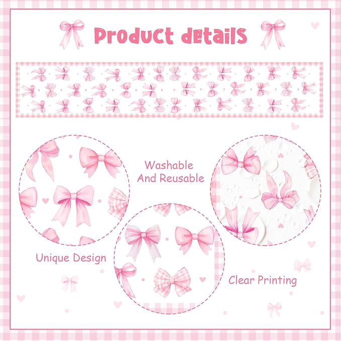 Pink Bow Theme Table Runner, Pink Linen Fabric Table Runner for Everyday Use 72 x 13 Inches, Washable Table Cover for Indoor Outdoor Kitchen Dining Table Home Decor