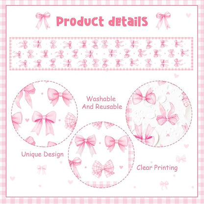 Pink Bow Theme Table Runner, Pink Linen Fabric Table Runner for Everyday Use 72 x 13 Inches, Washable Table Cover for Indoor Outdoor Kitchen Dining Table Home Decor