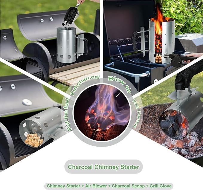 Palmhill Premium Charcoal Chimney Starter Set with Hand Crank Blower, Heat-Resistant Glove & Coal Shovel – Fast & Safe BBQ Charcoal Ignition for Grilling, Camping, and Outdoor Cooking
