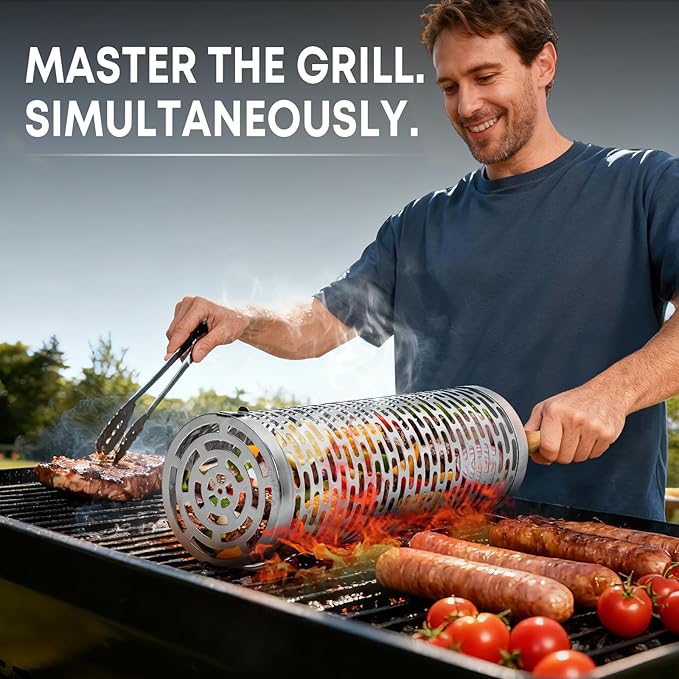 BBQ Rolling Vegetable Grill Basket: Barbecue Smoker Grill Rolling Baskets for Outdoor, Christmas Birthday Gifts for Dad Men Husband Unique 2pcs