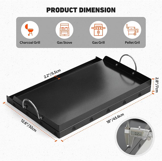 onlyfire Universal BBQ Griddle with Handles for Most Grills, 18" x 12.5" | Ceramic Coated Non-stick Flat Top Griddle for Outdoor Cooking