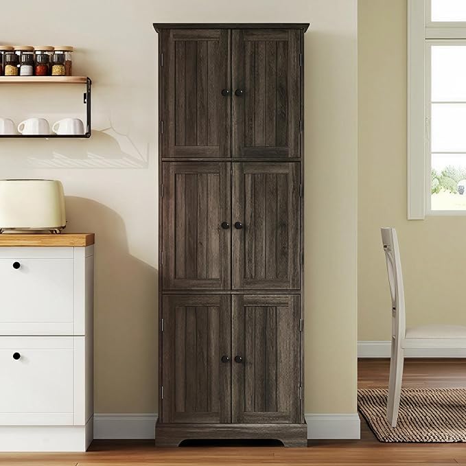 ChooChoo 63.2" Tall Bathroom Storage Cabinet with 6 Doors | Freestanding Floor Cabinet, Adjustable Shelves, Pantry Cabinet for Bathroom, Kitchen, Laundry Room, Rustic Weathered Gray