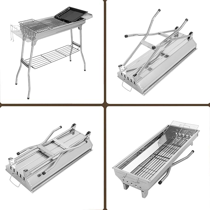 Portable Charcoal Grill, Stainless Steel Folded Camping Grill Kabob BBQ Barbecue Grill Kit for Garden Backyard Party Picnic Travel Outdoor Cooking 39.3 x 12.2 x 27.9 Inch (Silver)