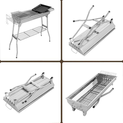 Portable Charcoal Grill, Stainless Steel Folded Camping Grill Kabob BBQ Barbecue Grill Kit for Garden Backyard Party Picnic Travel Outdoor Cooking 39.3 x 12.2 x 27.9 Inch (Silver)