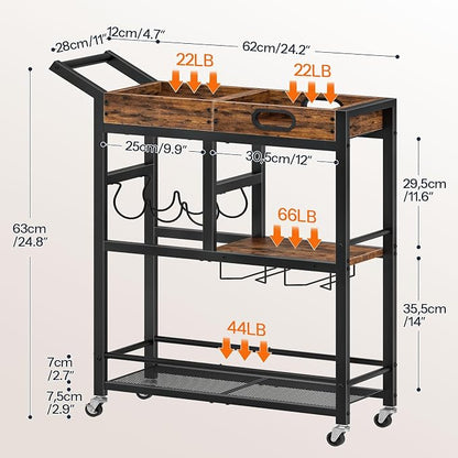 HOOBRO Bar Cart, Bar Cart for The Home, 3-Tier Home Bar Serving Cart with Removable Tray, Kitchen Cart with Wine Rack and Glass Holder, for Bar, Living Room, Party, Rustic Brown and Black BF62TC01