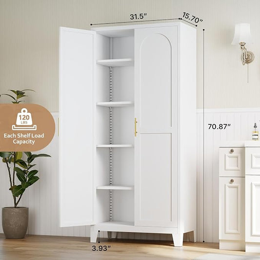 Zevemomo 71" Metal Pantry Cabinet, Tall Metal Storage Cabinet for Kitchen | Steel Cabinet with 2 Doors and 4 Adjustable Shelves, Freestanding Cupboard for Kitchen, Bathroom, Dinning Room or Laundry