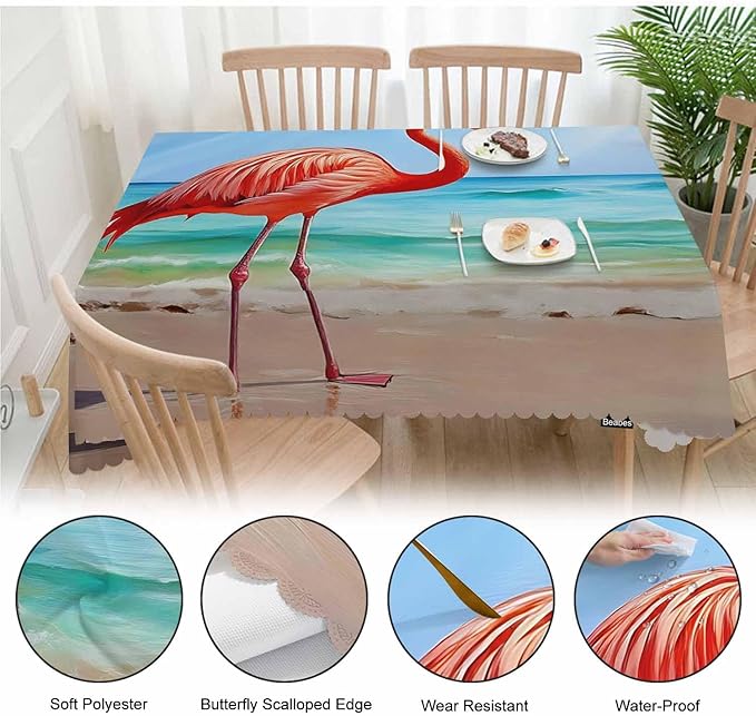 Tablecloth Flamingo, Pink Flamingo Ocean Beach Rectangular Table Cover Kitchen Table Cloth for Dining Hotel Coffee Parties Tabletop Decoration, 52x70 Inch