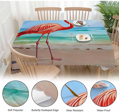 Tablecloth Flamingo, Pink Flamingo Ocean Beach Rectangular Table Cover Kitchen Table Cloth for Dining Hotel Coffee Parties Tabletop Decoration, 52x70 Inch
