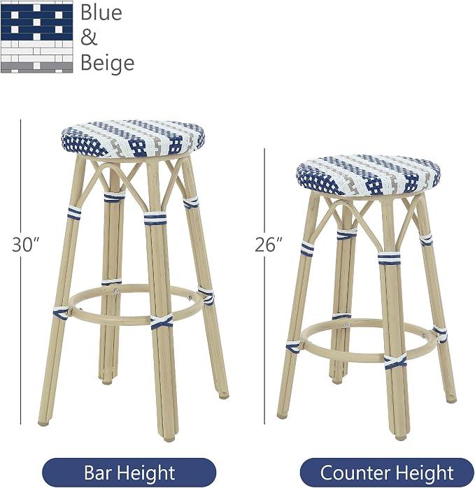 Seadrift Boho 26-inch Aluminum and All-Weather Wicker Barstools with Footrest, Patio Stools & Bar Chairs for Outdoor, Kitchen Counter, Poolside, Yard, Set of 2, Navy Blue and White
