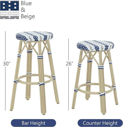 Seadrift Boho 26-inch Aluminum and All-Weather Wicker Barstools with Footrest, Patio Stools & Bar Chairs for Outdoor, Kitchen Counter, Poolside, Yard, Set of 2, Navy Blue and White