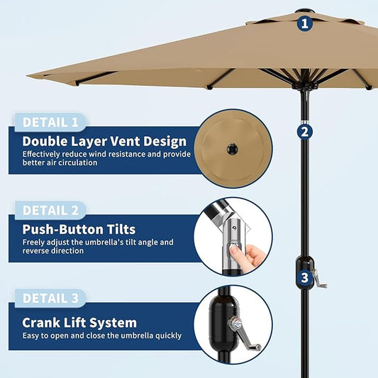 9 ft Patio Umbrella - 8 Sturdy Ribs Outdoor Table Umbrella with Crank Lift & Push Button Tilt - Market Umbrella for Pool, Deck, Yard, Garden - Tan