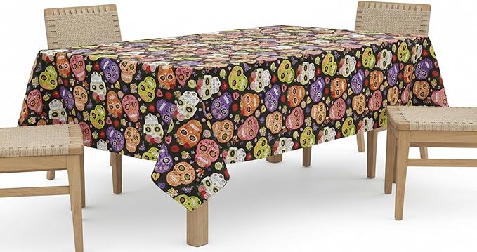 Newbridge Sugar Skull Rectangle Vinyl Tablecloth with Flannel Backing, Waterproof Wipe Clean Table Cover for Indoor Outdoor Kitchen Dining Use, Picnic and Barbecue, 60 x 120 Inch Rectangle