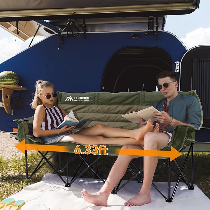 Huskfirm 3 Person Camping Chairs Folding Double Camp Chair for Adults Green | Oversized Loveseat Camping Chair Padded Heavy Duty Camping Couch for Outdoor Lawn with Two Cup Holders and Carry Bag
