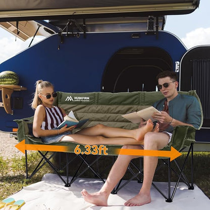 Huskfirm 3 Person Camping Chairs Folding Double Camp Chair for Adults Green | Oversized Loveseat Camping Chair Padded Heavy Duty Camping Couch for Outdoor Lawn with Two Cup Holders and Carry Bag