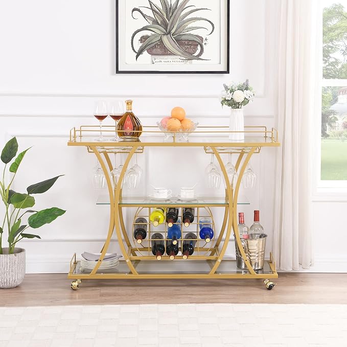 Gold Bar Carts with Glass Holders & Wine Rack,3 Tier Home Bar Serving Carts with Glass Shelves,Metal Rolling Bar Carts for The Home Kitchen, Party | With Wine Rack, Modern, Holder Rack, Easy Assembly, Sturdy