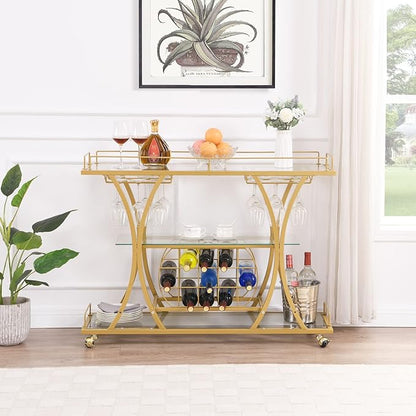 Gold Bar Carts with Glass Holders & Wine Rack,3 Tier Home Bar Serving Carts with Glass Shelves,Metal Rolling Bar Carts for The Home Kitchen, Party | With Wine Rack, Modern, Holder Rack, Easy Assembly, Sturdy