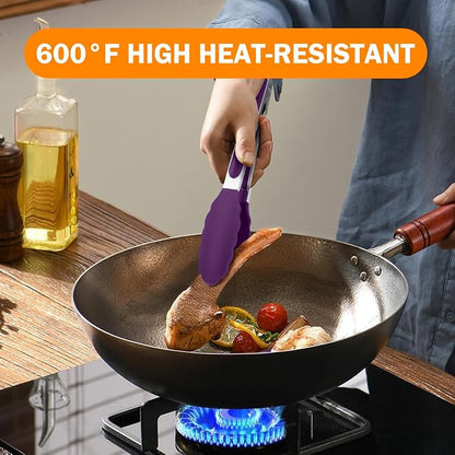 Kitchen Tongs, Stainless Steel Cooking Tongs with Silicone Tips, 600ºF High Heat-Resistant Non Scratch Locking Tongs for Cooking BBQ Grilling Air Fryer Pans, Set of 3 (7" 9" and 12") Purple