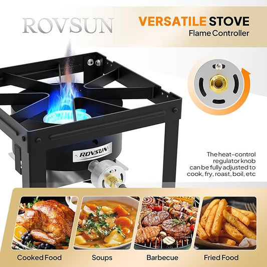 ROVSUN Portable Propane Gas Stove with Foldable Side Rack, Single Burner Camp Stove Cooker for Outdoor Backyard Cooking, Camping, Tailgating, Canning, Turkey Frying & Seafood Boiling, Patent Pending