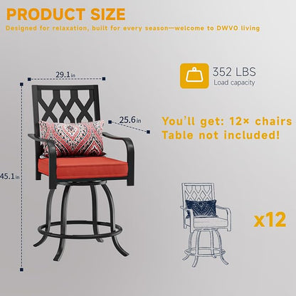 DWVO Metal Outdoor Bar Stools Set of 12, Heavy-Duty Bar Height Outdoor Chairs 352 Lbs Capacity, All-Weather E-Coated Swivel Barstools with Red Cushion & Paisley Pattern Pillow for Patio Deck Balcony