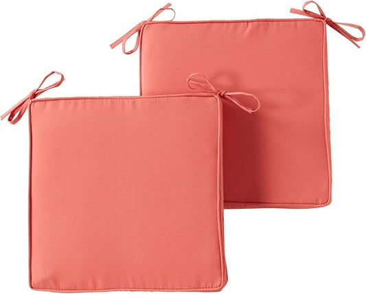 Outdoor 18 inch Square Patio Dining Chair Pads – Comfortable Fiber-Filled Seat Cushions with Ties, Reversible Polyester Fabric - Coral, Set of 2