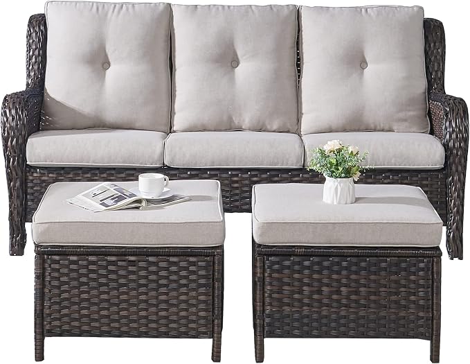 Rilyson Wicker Outdoor Patio Sofa with Ottoman, Large 3 Seater Wicker Patio Couch with 4in Replaceable Seat Cushions and Deep Seating, All Weather for Backyard, Garden, Poolside (Brown/Beige)