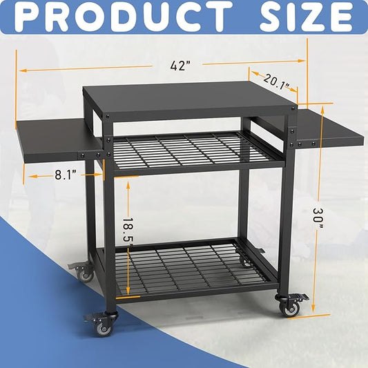 42" x 20" Three-Shelf Grill Cart - Outdoor BBQ & Work Cart - Movable Pizza Oven Table - Commercial Multifunctional Kitchen Food Prep Worktable