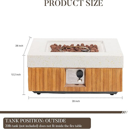 COSIEST 28" Outdoor Propane Fire Pit Table, Small Square Gas Fire Pit Table with Concrete & Log Wood Grain Design, 50000BTU Fire Tables for Patio, Backyard, Garden Heating