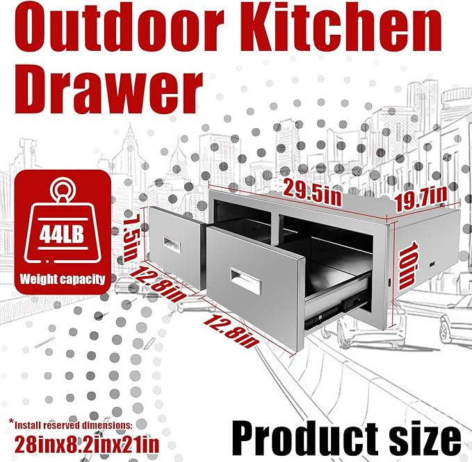 Outdoor Kitchen Horizontal Double Drawer 29.5'' W x 10'' H x 19.7'' D Flush Mount BBQ Access Drawers Stainless Steel BBQ Island Drawers with Handle for Outdoor Kitchen Island Grill Station