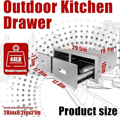 Outdoor Kitchen Horizontal Double Drawer 29.5'' W x 10'' H x 19.7'' D Flush Mount BBQ Access Drawers Stainless Steel BBQ Island Drawers with Handle for Outdoor Kitchen Island Grill Station