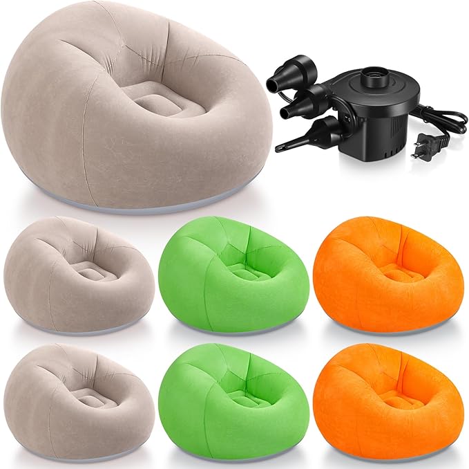 Realspring 6 9 12 Pcs Inflatable Bean Bag Chairs for Adults with Electric Air Pump, Blow up Couch Folding Portable Inflatable Couch Lazy Sofa for Outdoor Movie Night Camping(Coffee,Orange,Green,6 Pcs)